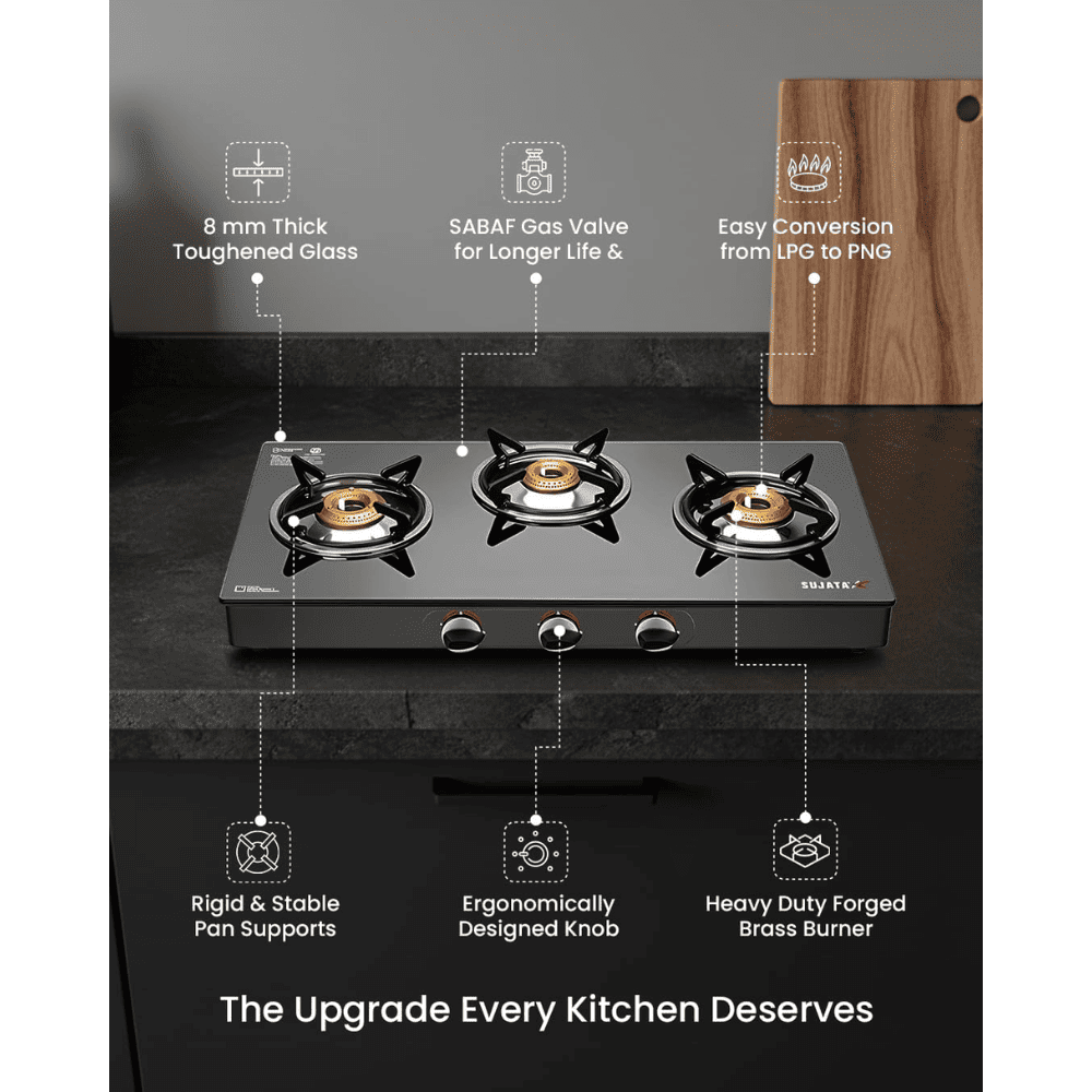 Sujata Cooktop Robusto AI, 3 Burner Auto Ignition Stainless Steel Gas Stove (Silver)