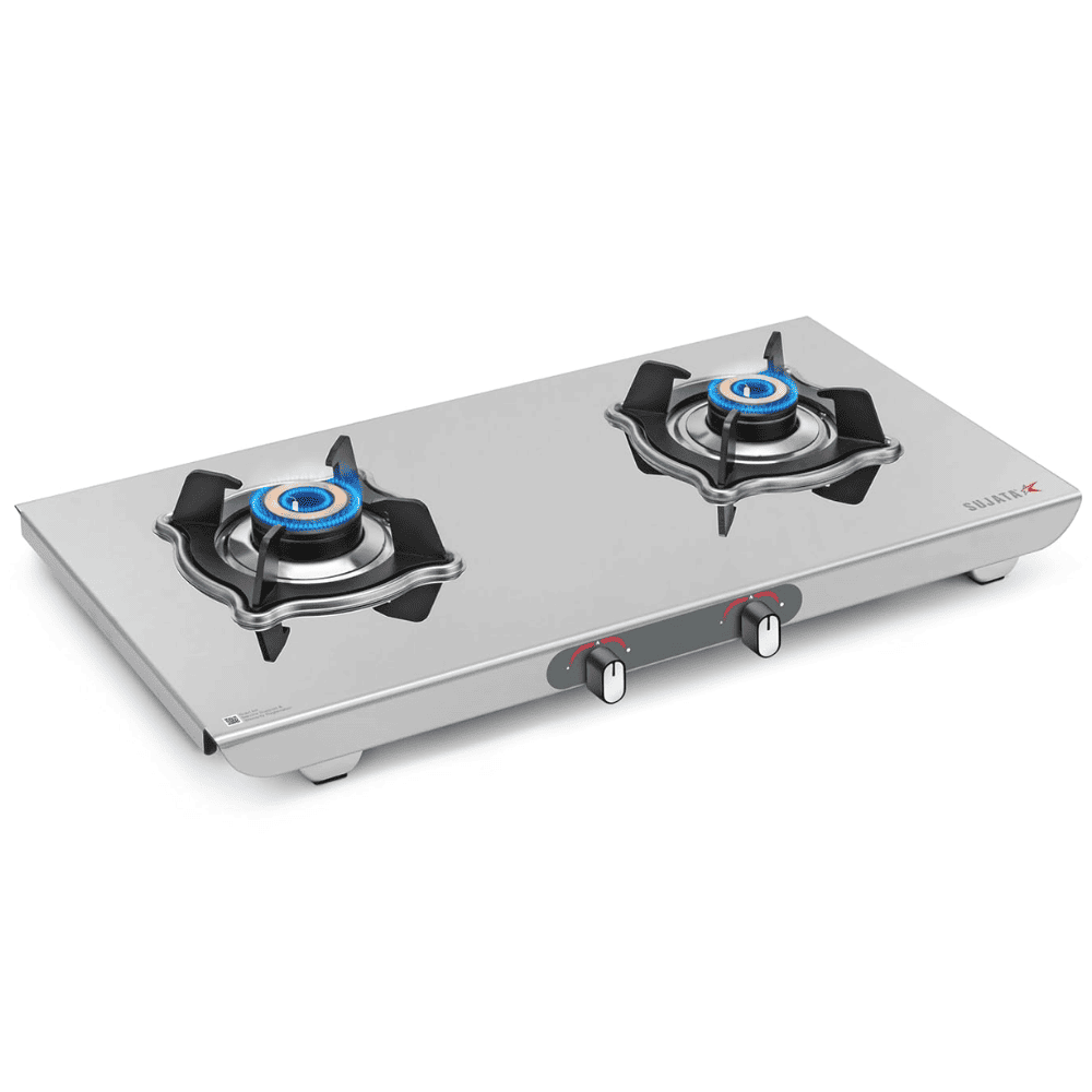 Sujata Cooktop Sterno AI, 2 Burner Auto Ignition Stainless Steel Glossy SS Body Gas Stove (Silver)