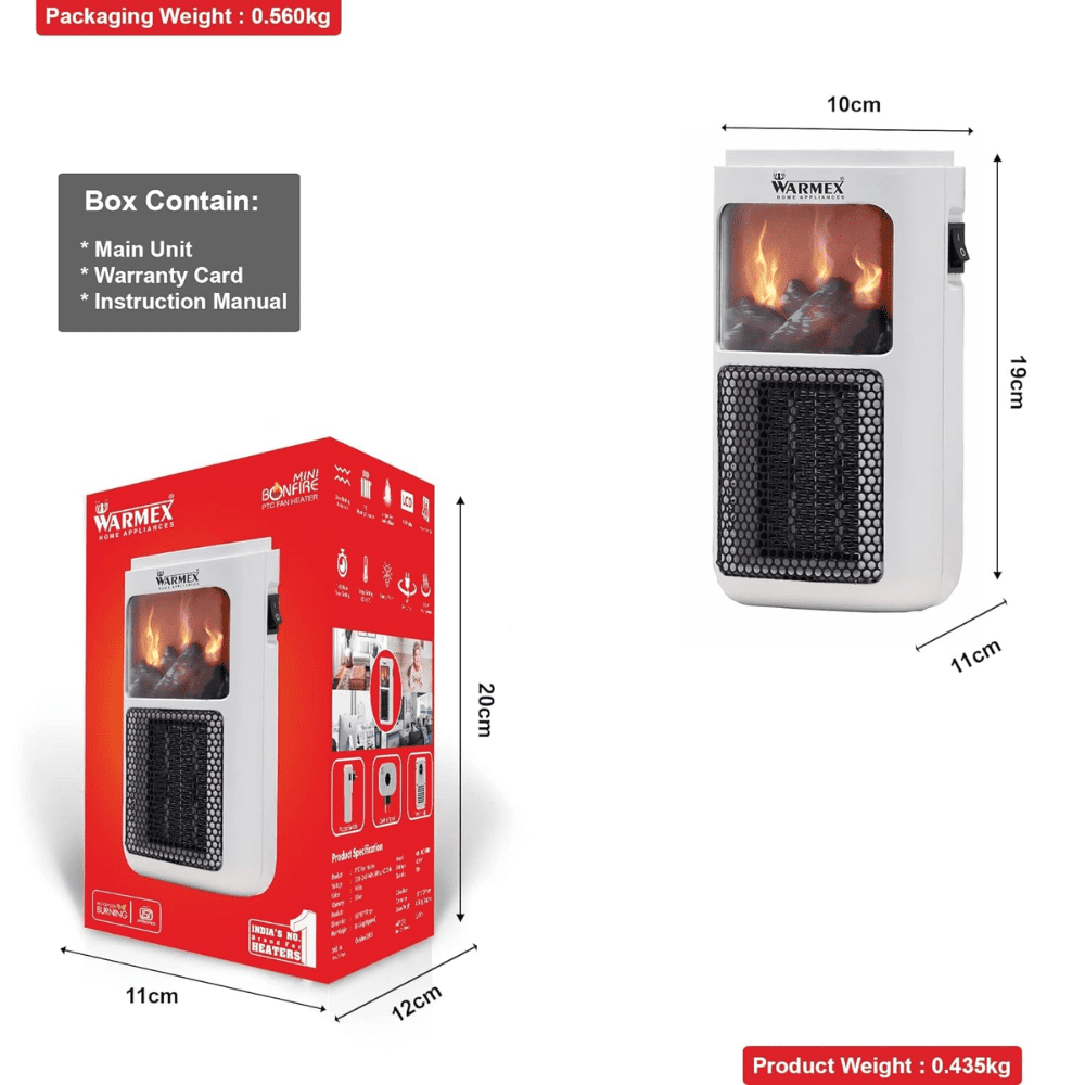 Warmex 400 Watts Wall Mount Electric PTC Room Heater (MINI BONFIRE, White)