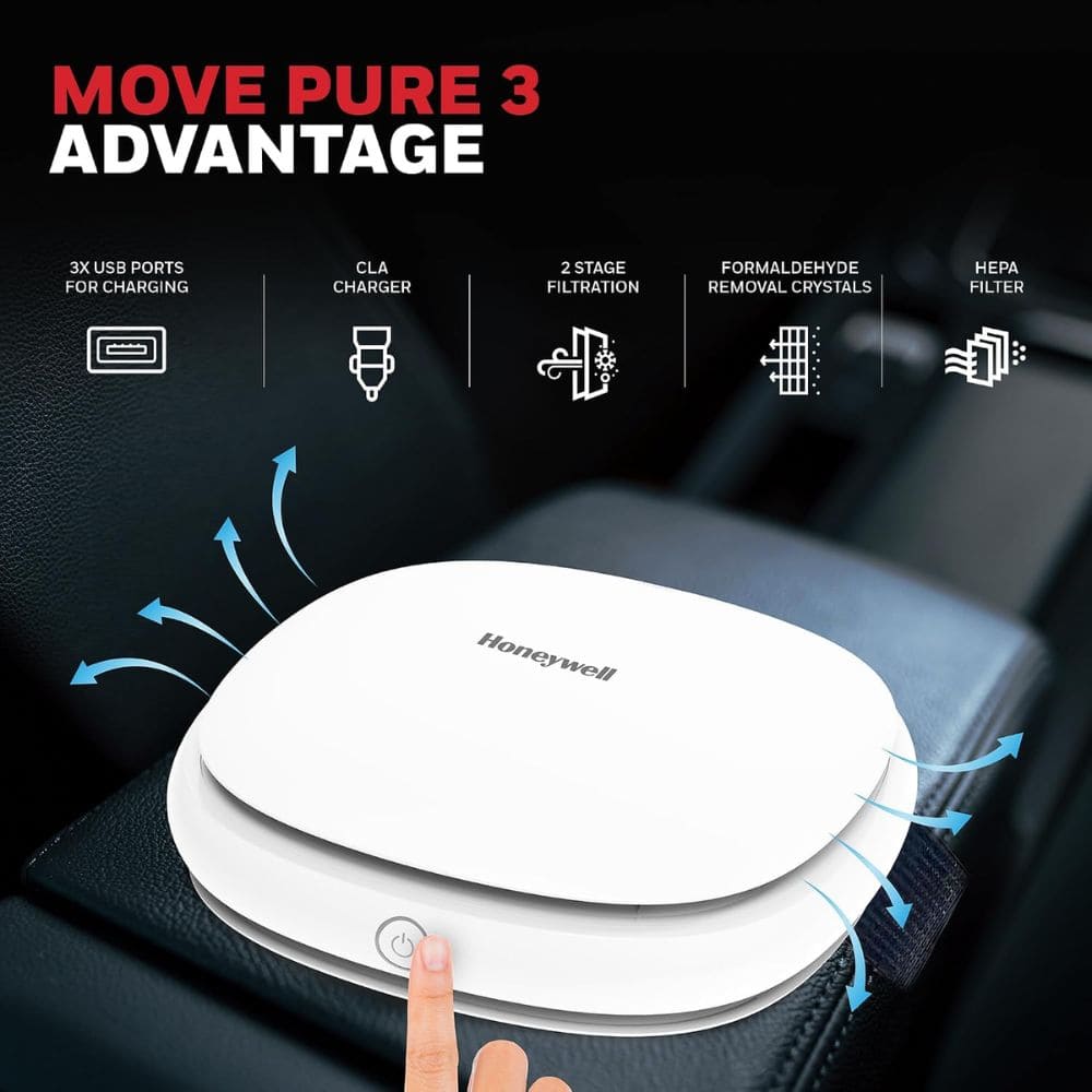 Honeywell Move Pure 3, 2 stage filtration process with HEPA Filter Car Air Purifier (57sqft, White)