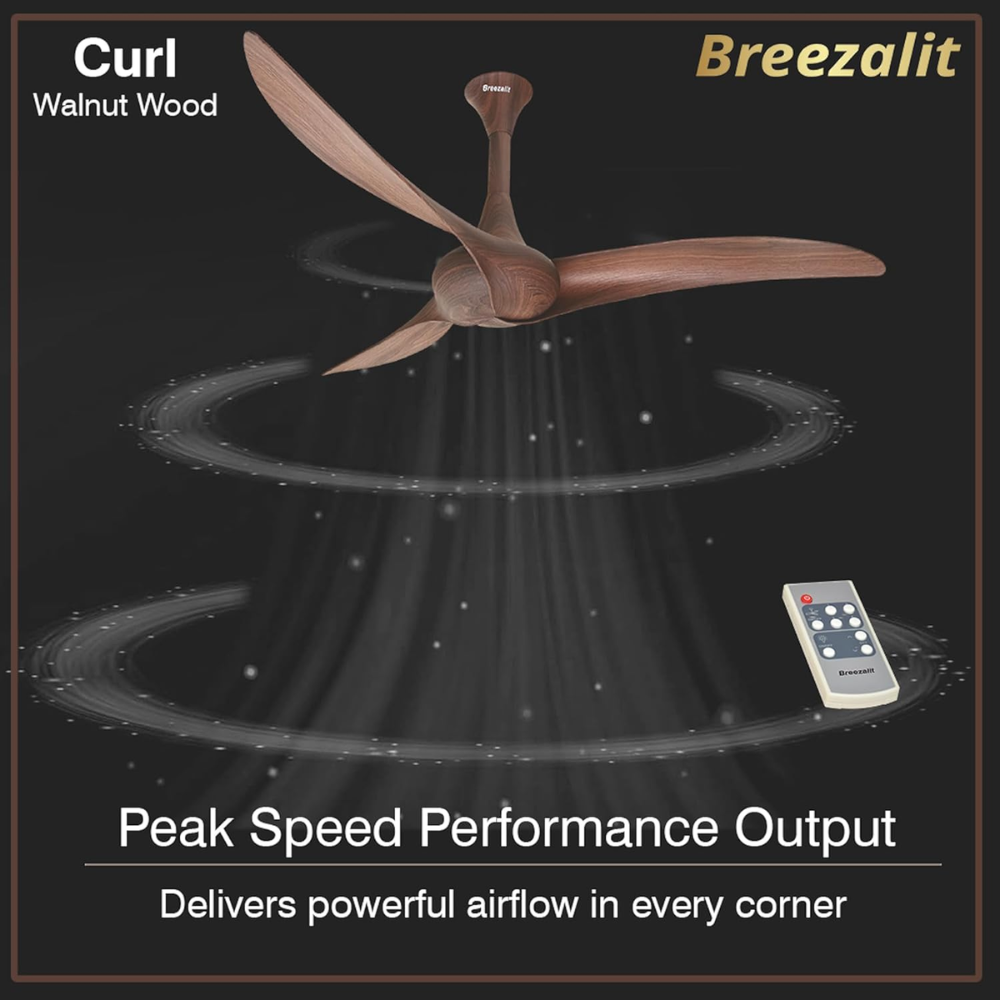 Breezalit 1200mm 3 Blade Modern Designer Ceiling Fan (Curl wood)