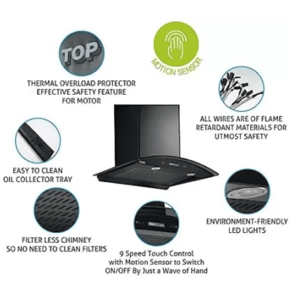 Glen 6061 MS BL BLDC, 60 cm 1200 m3/hr Auto Clean Wall Mounted Chimney, Filterless Technology (Black)