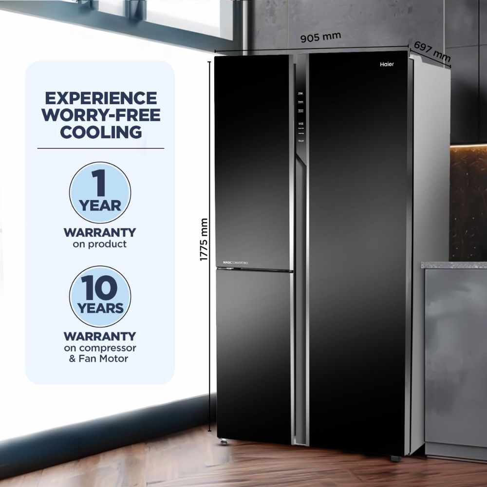 Haier 598 Ltrs, 3 Star Frost Free Expert Inverter Smart Sense AI enabled 3 Door Side by Side Refrigerator (HRT 683KGU1, Black Glass, Magic Convertible Zone, Deo Fresh Technology)