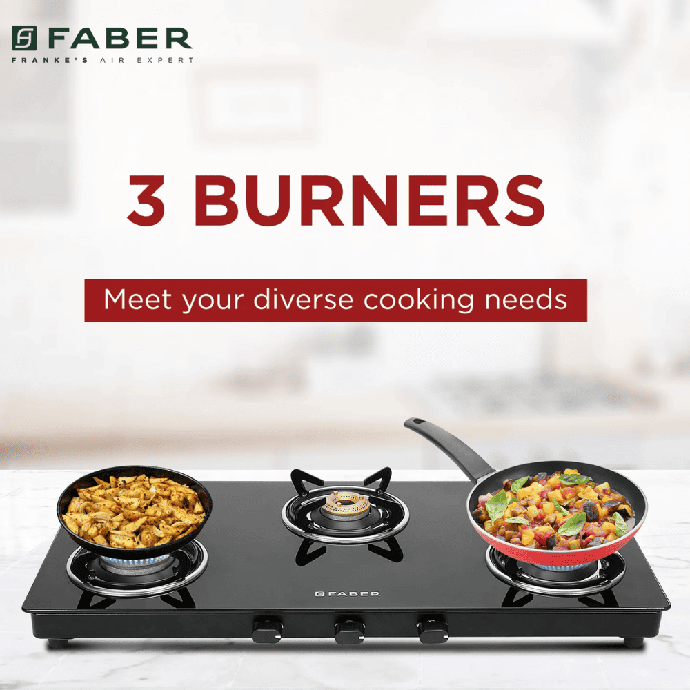 Faber Cooktop, SPARK 3 BB BK, 3 Burner cm Auto Manual Glass Top Stainless Steel Burner 1 Big + 1 Medium + 1 small Gas Stove (Black)