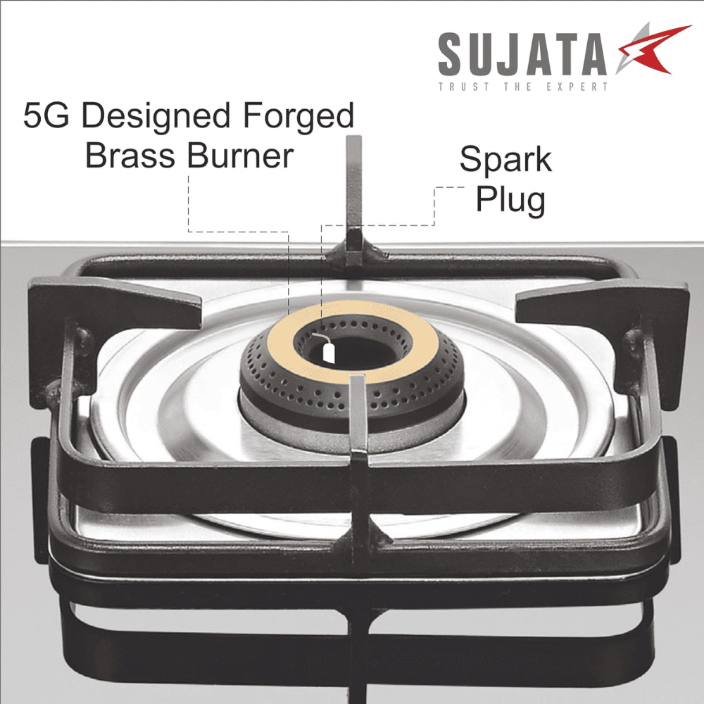 Sujata Cooktop Classic AI, 4 Burner Glass Top Auto Ignition Brass Burner Gas Stove (Black)