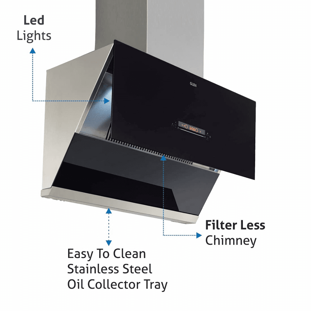 Glen 6074, 90 cm 1400 m3/hr Auto Clean Vertical Glass Kitchen Chimney, Filterless Technology (Black)