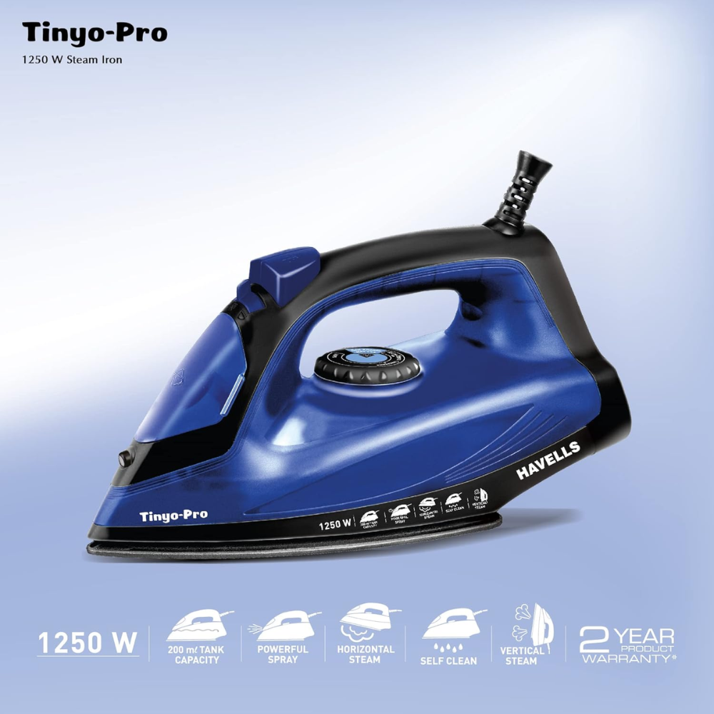 Havells Tinyo Pro, 1250 Watts Self Clean Steam Iron Press with Power full Steam Spray (Blue)