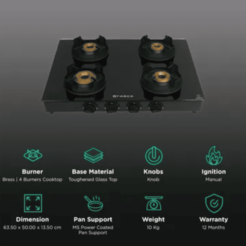 Faber Cooktop, ONYX 4BB BK CI, 4 Burner Auto Manual Ignition Glass Top Brass Burner 2 Medium + 1 small + High Flame Gas Stove (Black)