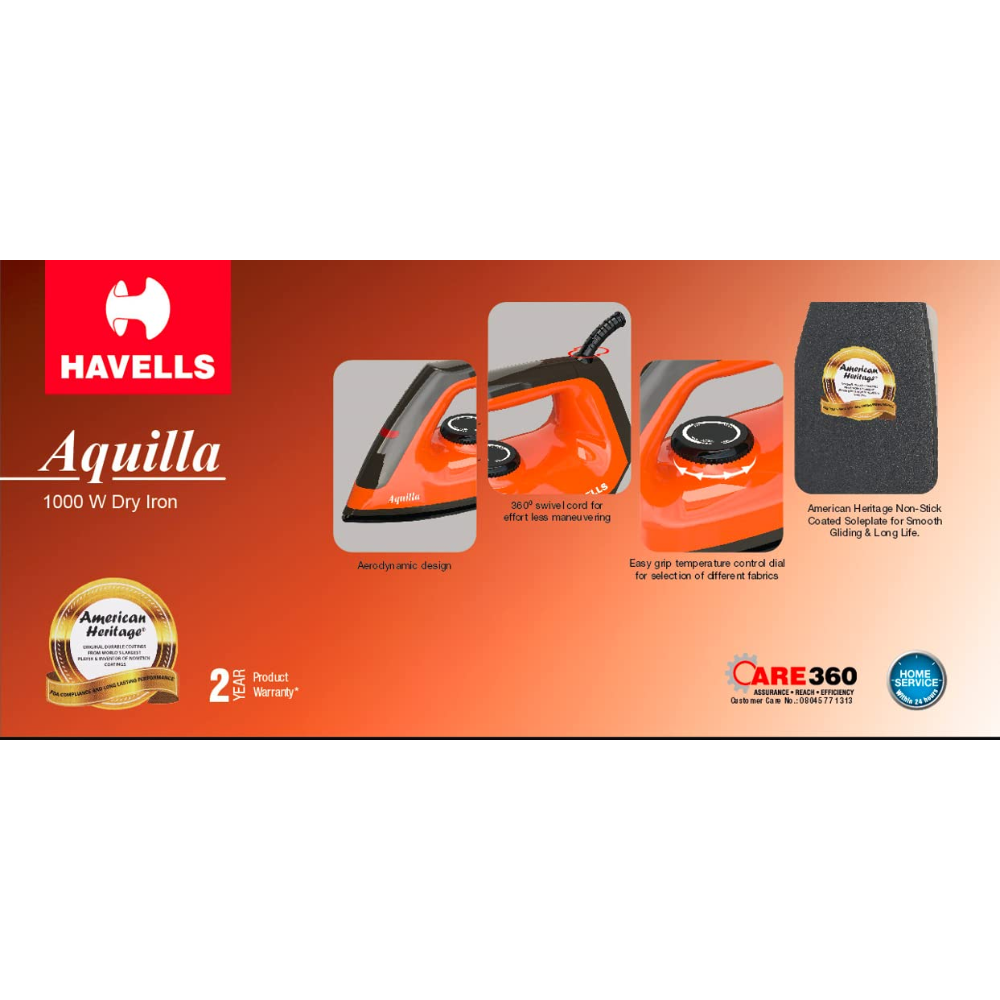 Havells Aquilla, 1000 Watts Dry Iron Press German Technology (Orange & Black)