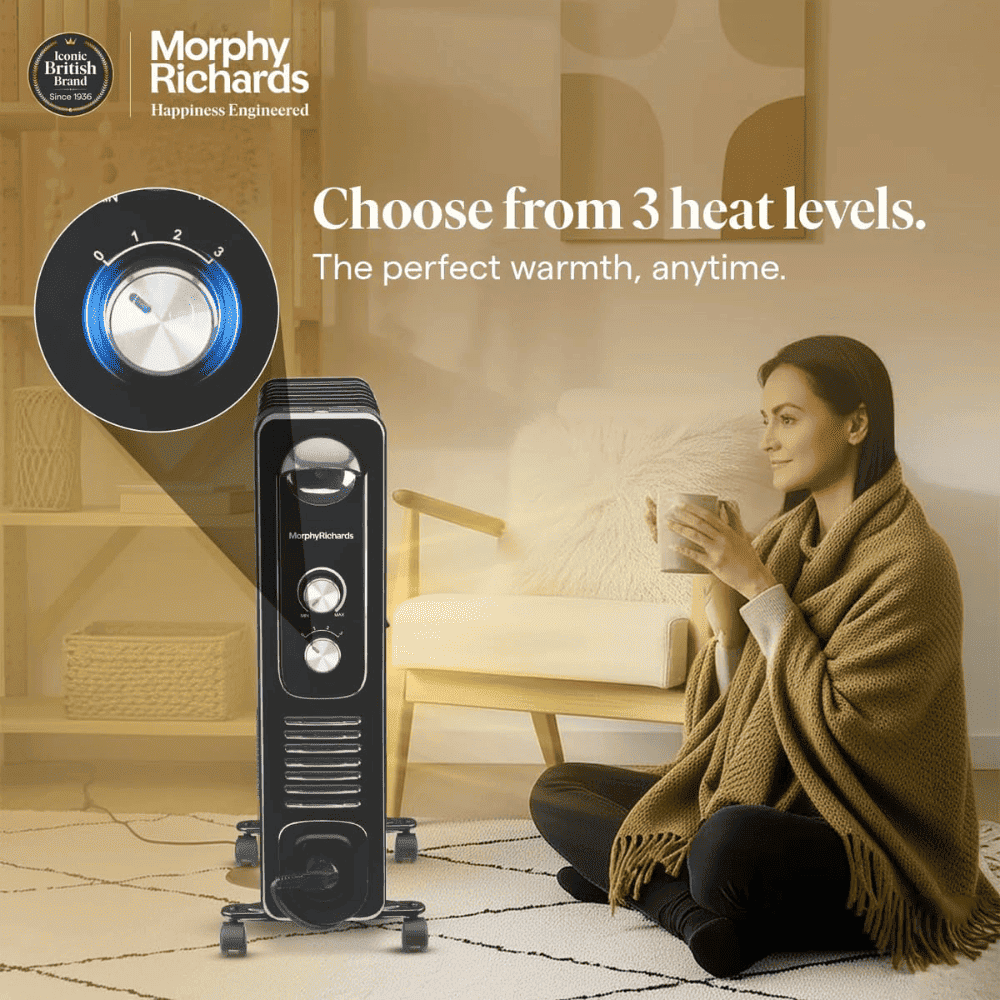 Morphy Richards 9 Wave Fins 2400 Watts Oil Filled Radiator Room Heater with PTC Fan (9F OFR Silent Heating Black)