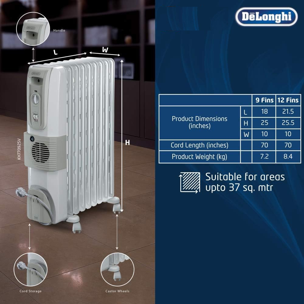 Delonghi 12 Straight Fins, Oil Filled Radiators Room Heater (OFR12, Grey)