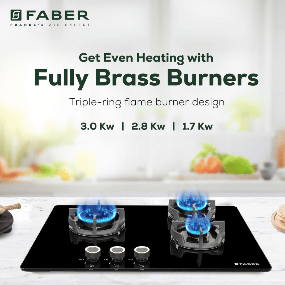 Faber Hob EXPERIA HT703 ALU AI, 3 burner 70 cm Auto Ignition Glass Matt Finish Brass Burners 1 Medium + 1 Small + 1 High (Black)