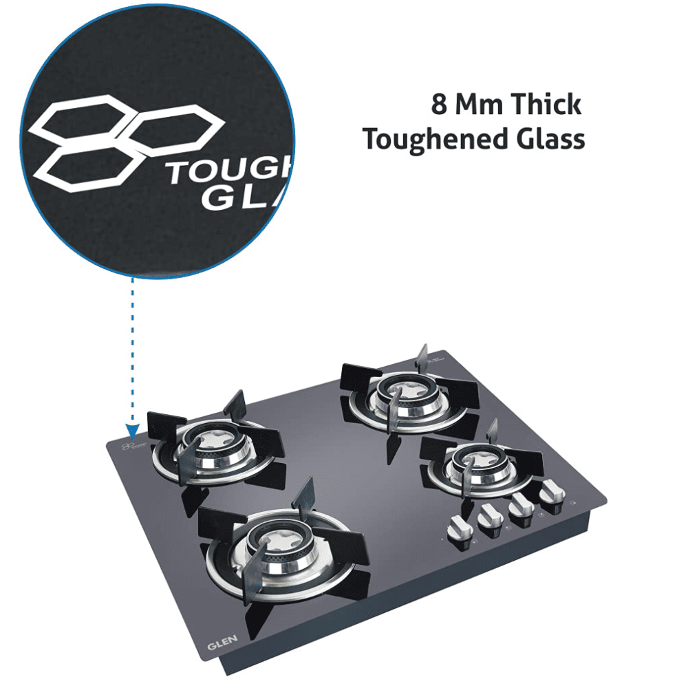 Glen Hob  1064 RO HT DB, 4 Burner 60 cm Automatic Ignition Glass Top Brass Burners 2 Small + 2 big Gas Stove with Double Ring Forged (Black)