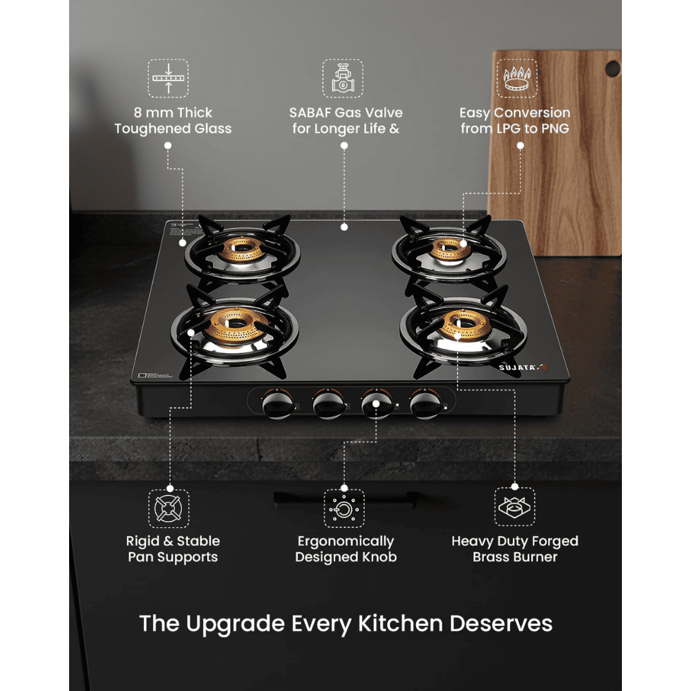 Sujata Cooktop Standard AI, 4 Burner Glass Top Auto Ignition Brass Gas Stove (Black)