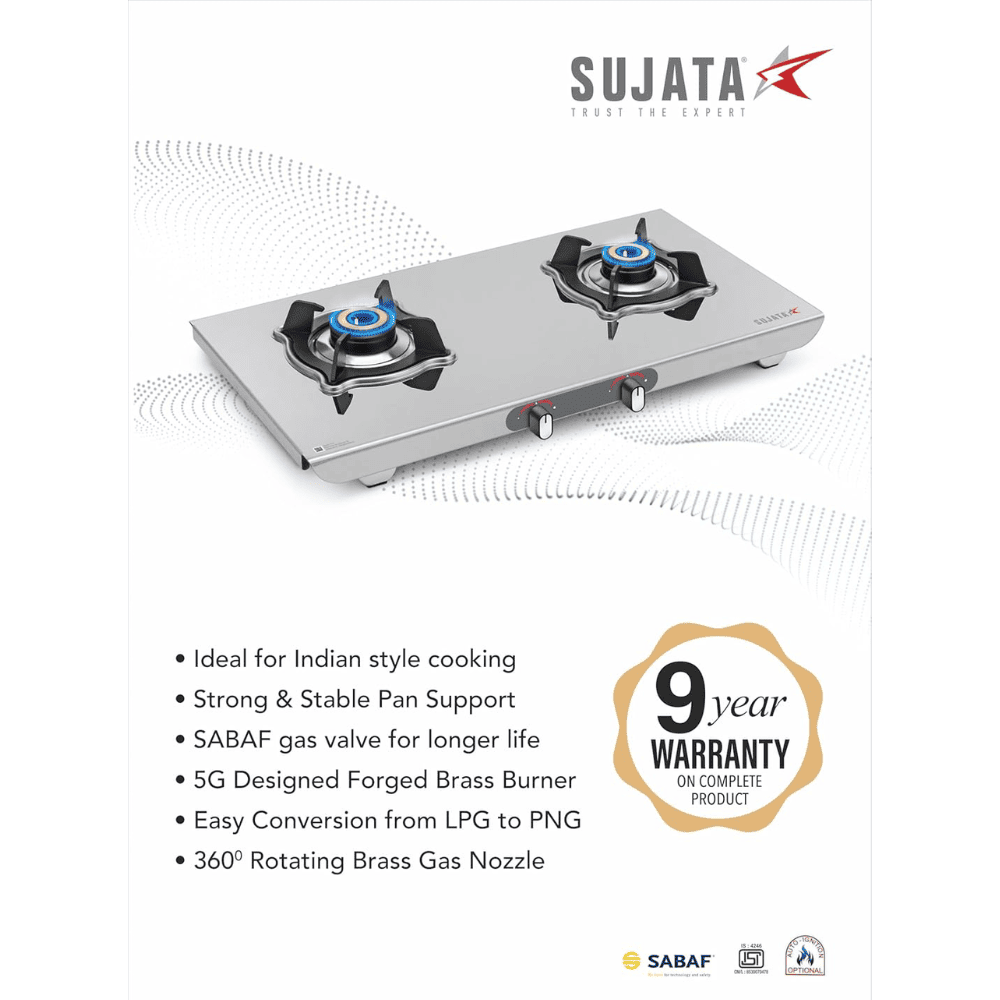 Sujata Cooktop Sterno, 2 Burner Manual Stainless Steel Glossy SS Body Gas Stove (Silver)