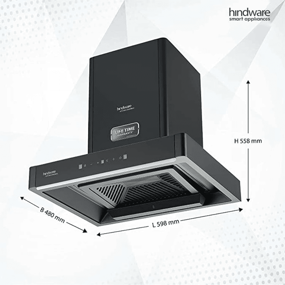 Hindware OPTIMUS BLK, 60 cm 1400 m3/hr Auto-Clean Filterless Wall Mounted Kitchen Chimney (Black)
