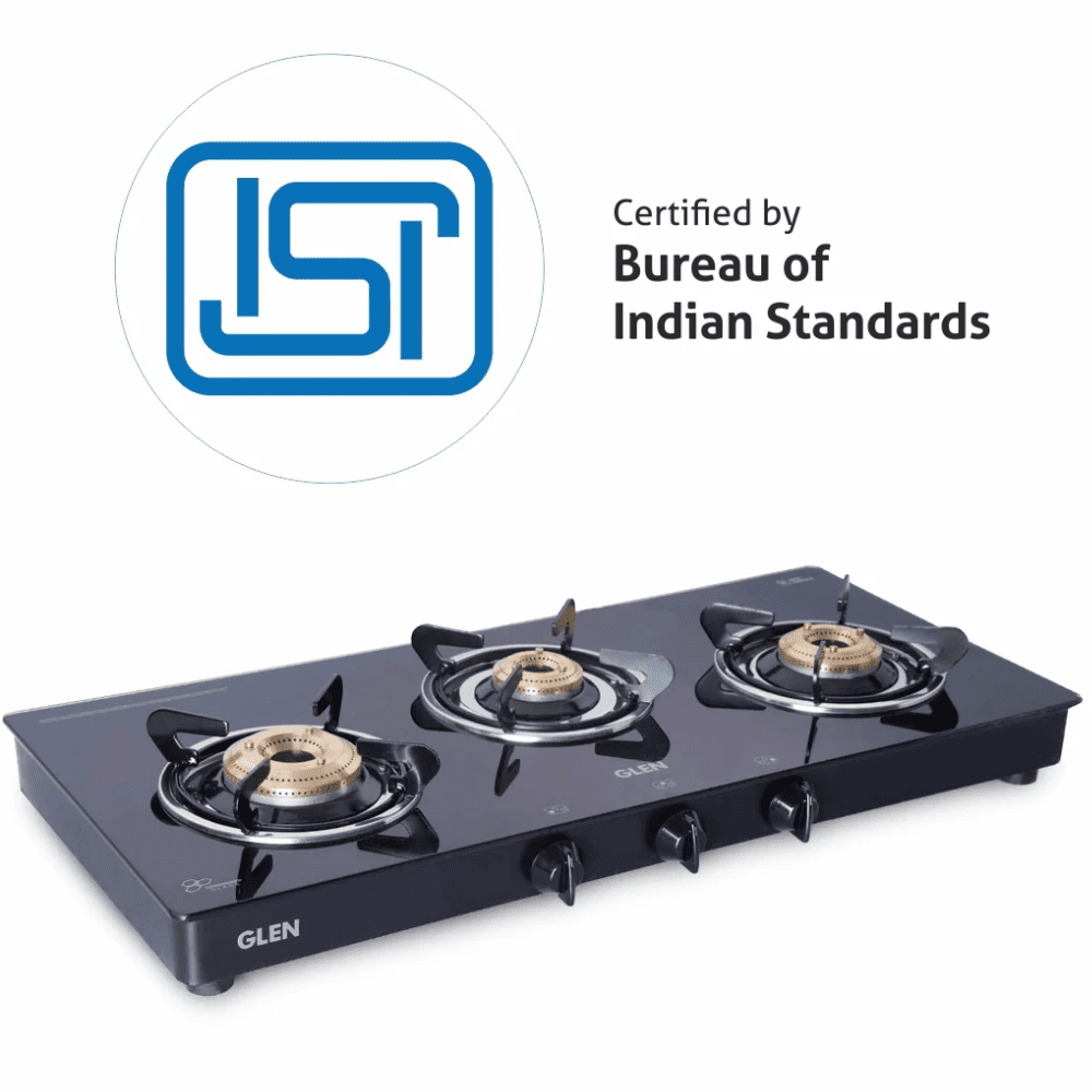 Glen Cooktop,1033 GT BB BLK, 3 Burner cm Auto Manual Glass Top Brass Burner 1 Medium + 1 small + High Flame Extra Large (Black)
