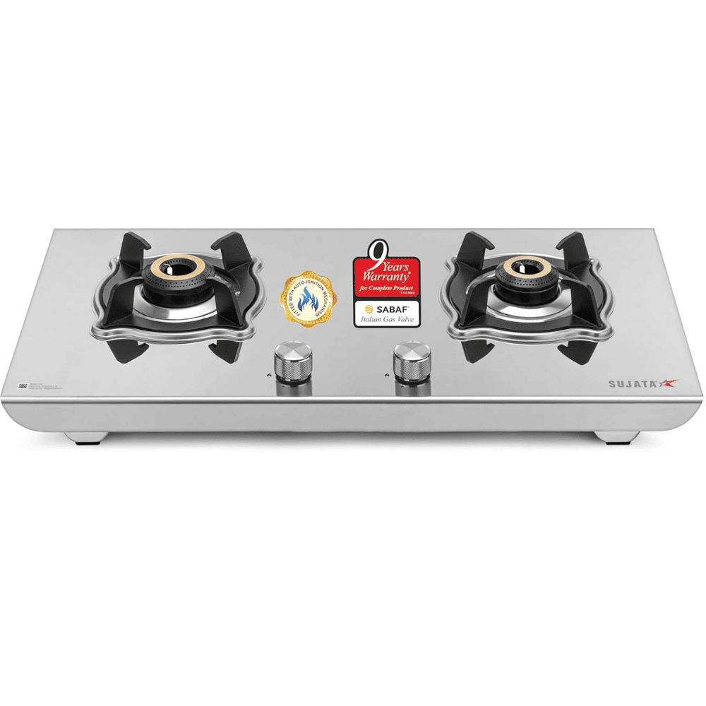 Sujata Cooktop Robusto AI, 2 Burner Auto Ignition Stainless Steel Gas Stove (Silver)