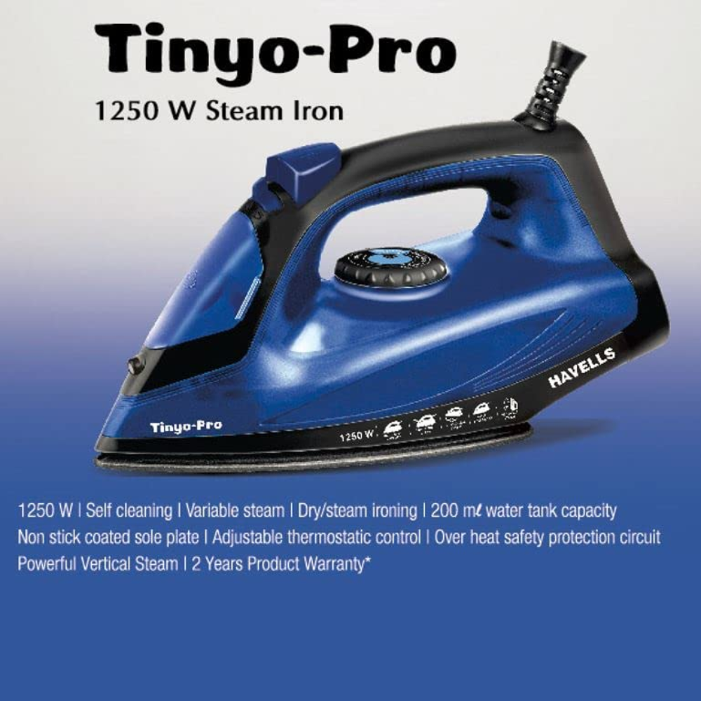 Havells Tinyo Pro, 1250 Watts Self Clean Steam Iron Press with Power full Steam Spray (Blue)