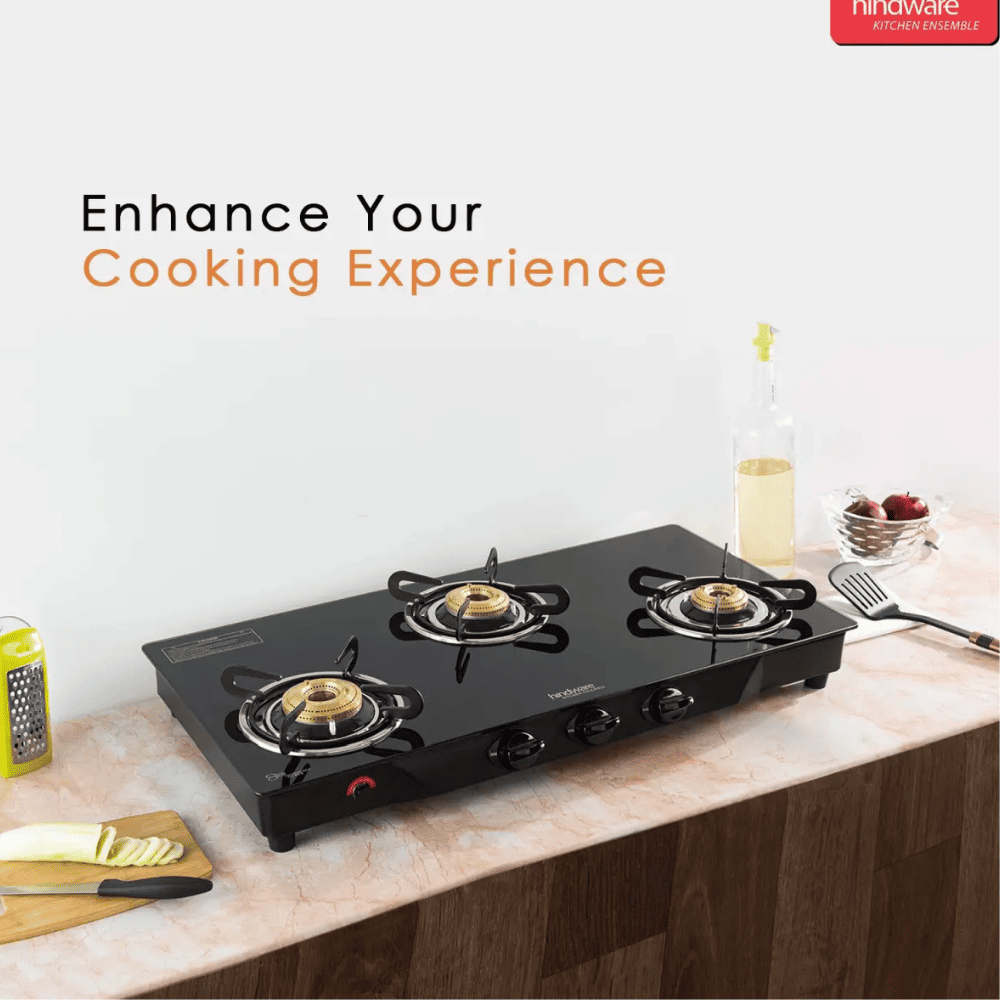 Hindware Cooktop, ARMO GL 3B BLK, 3 Burner Auto Manual Ignition Glass Top Brass Burner 1 Big + 1 Medium + 1 small Gas Stove (Black)