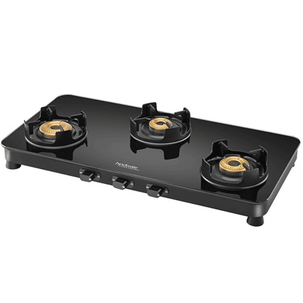 Hindware Cooktop, ALVERIO 3B AI, 3 Burner Auto Ignition Glass Top Forged Brass Burner 1 Big + 1 Medium + 1 small Gas Stove (Black)