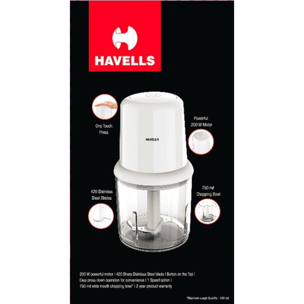 Havells Coral, 200 Watts Stainless Steel Blade Electric Chopper with 750ML Choping Bowl (White)