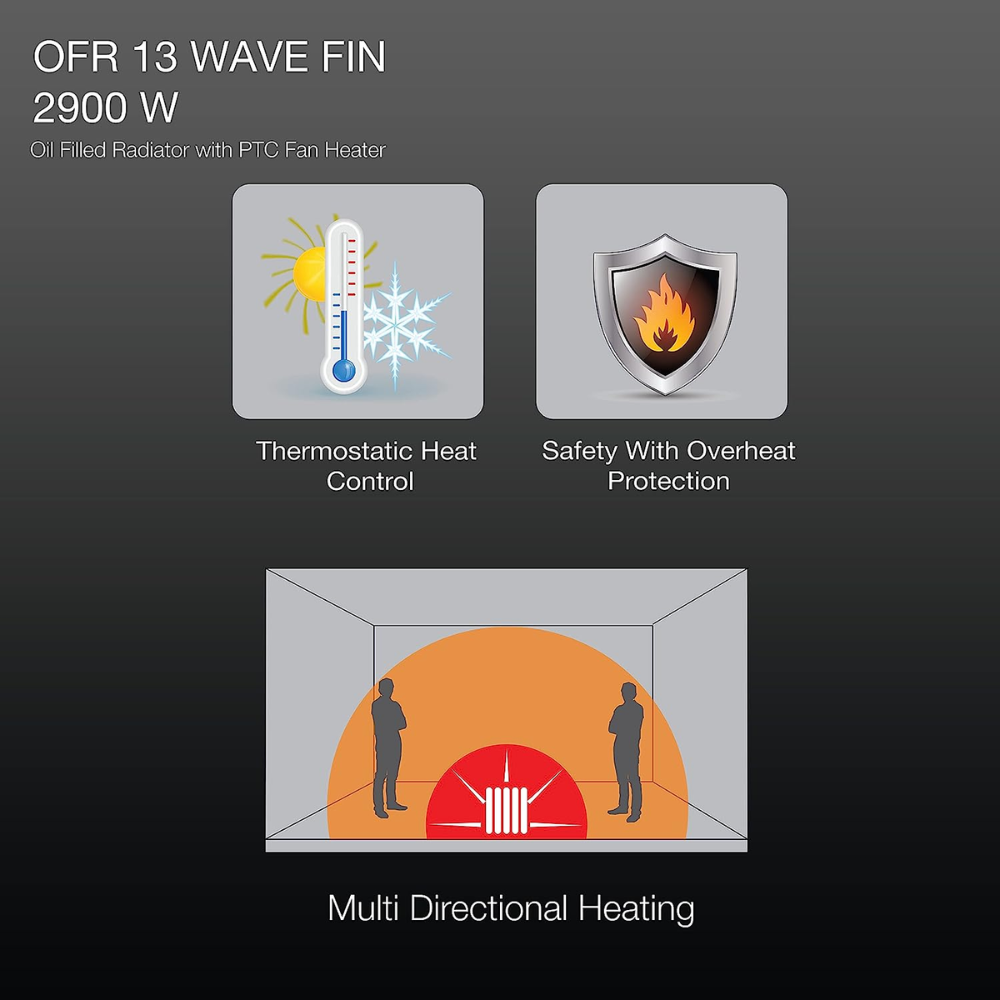 Havells 13 Wave Fins, 2900 Watts Oil Filled Radiators Room Heater with PTC Fan (OFR 13F, Black)