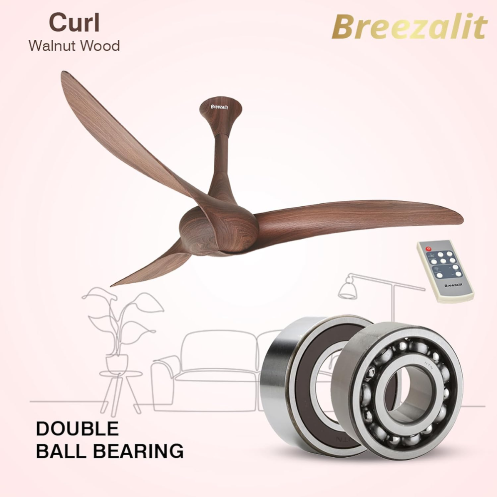 Breezalit 1200mm 3 Blade Modern Designer Ceiling Fan (Curl wood)