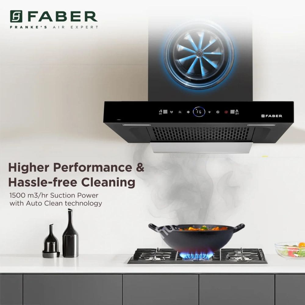 Faber HOOD DAZZELE BLDC FL HC, 60 cm 1500 m3/hr Auto Clean Wall Mounted curved glass Kitchen Chimney (Black)