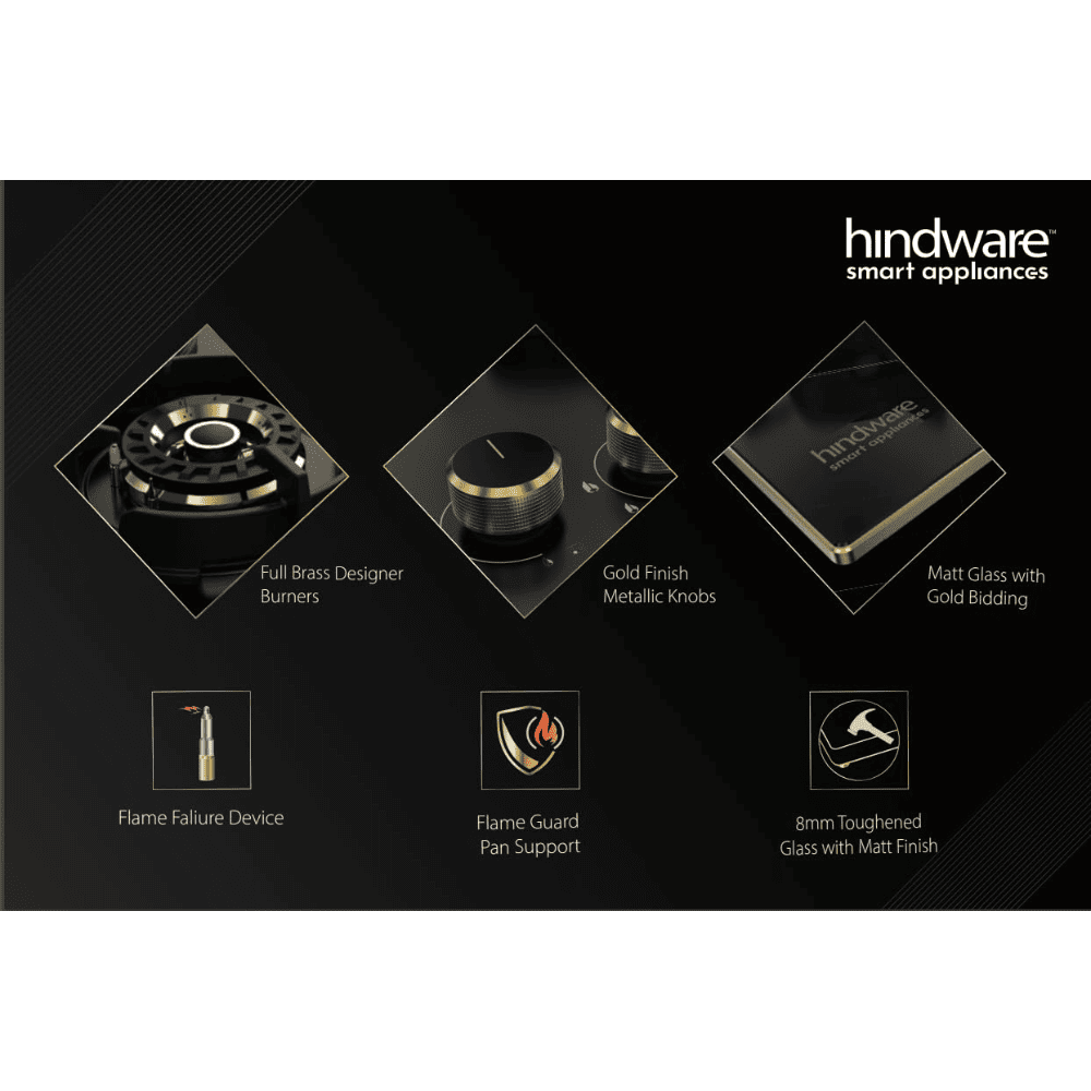 Hindware Hob, IVANA 3B 60, 3 burner 60 cm Frost Glass Metallic Finish Brass Burners 1 Medium + 1 Small + 1 High (Black)