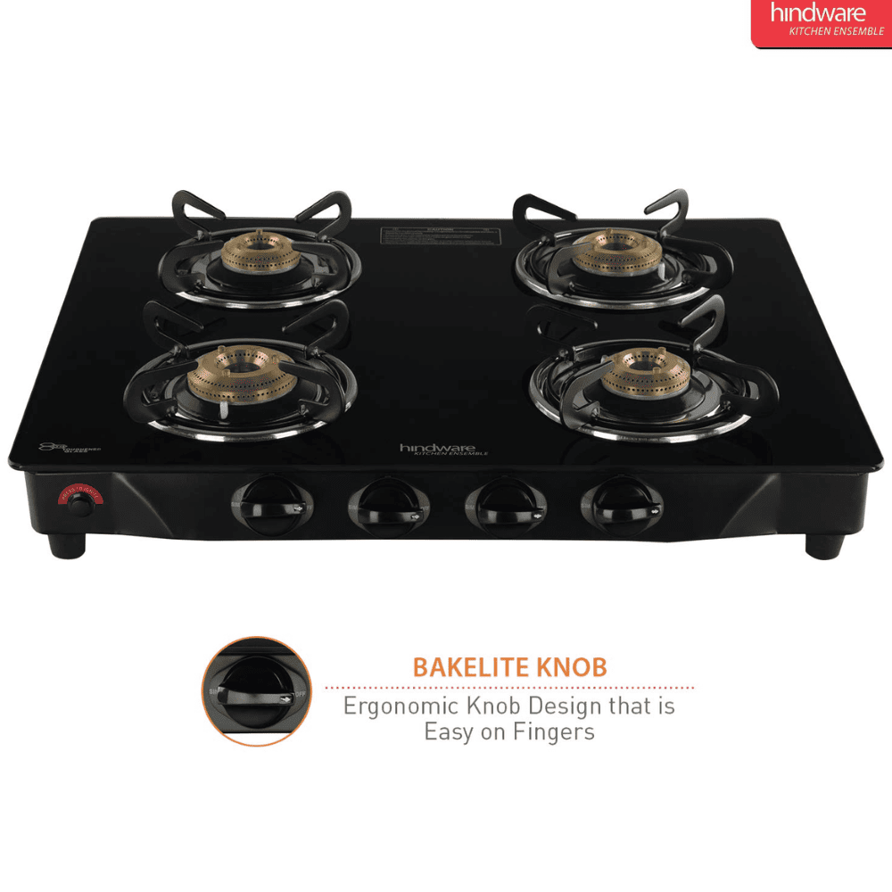 Hindware Cooktop, ARMO 4B GL BLK, 4 Burner Glass Top Brass Burner 2 Medium + 2 small Gas Stove (Black)