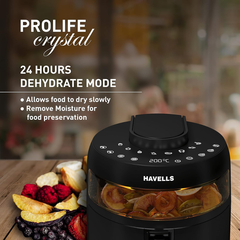 Havells Prolife Crystal, 1500 Watts 5 Litres Touch Screen Electric Air Fryer, Auto Restart Digital Display with Dehydrator Mode 85% Less Oil (Black)
