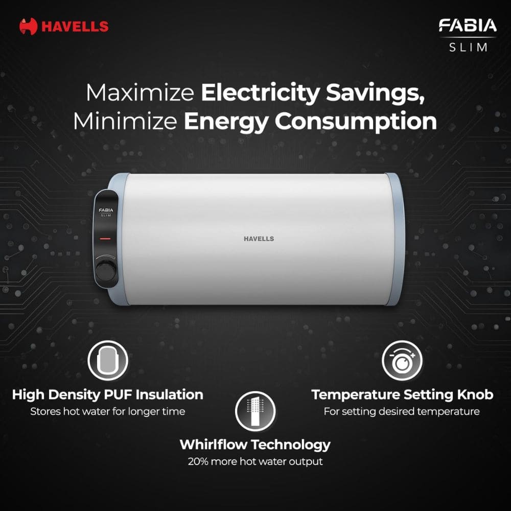 Havells 15 Ltrs Horizontal Storage Water Heater Geyser (Fabia Slim15L-H)