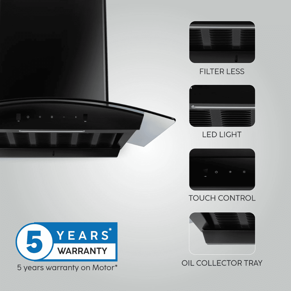 Glen 6058 BL, 75 cm 1200 m3/hr Heat Auto Clean Wall Mounted Curved Glass Kitchen Chimney, Filterless Technology (Black)