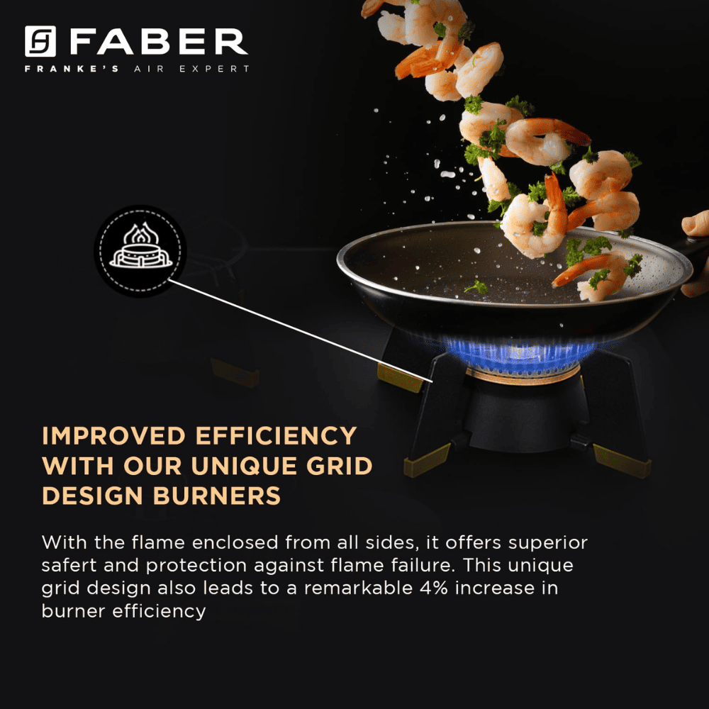 Faber Hob MAGICLIFT HT904 BR CI AI , 4 burner 90 cm Auto Electric Ignition Glass Top Liftable Brass Burners 1 Medium + 2 Small + 1 High (Black)