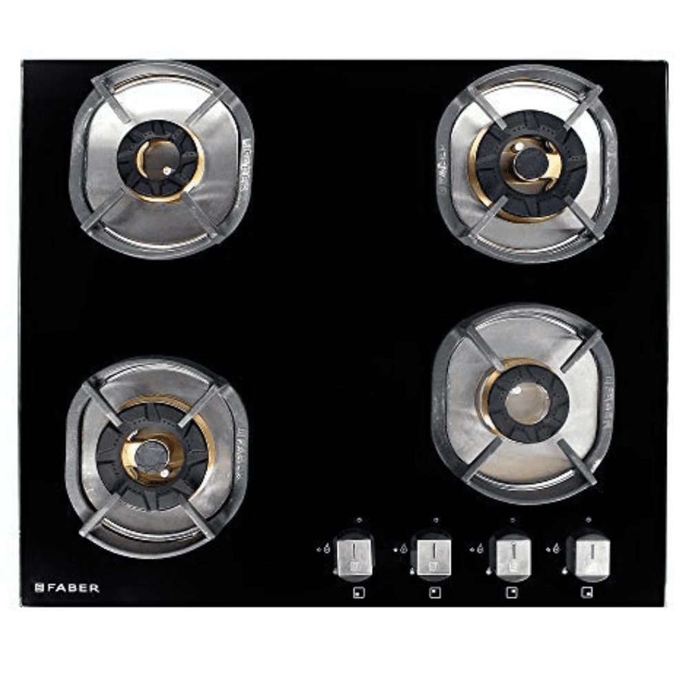 Faber Hob Nexus IND HT604 CRS BR CI AI, 4 Burner 60 cm Auto Electric Ignition Glass Top Brass Burners 4 Medium Gas Stove (Black)