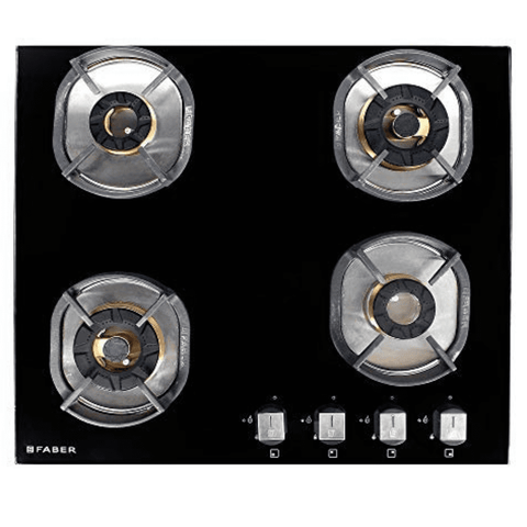 Faber Hob, Nexus IND HT604 CRS BR CI AI, 4 Burner 60 cm Auto Electric Ignition Glass Top Brass Burners 4 Medium Gas Stove (Black)