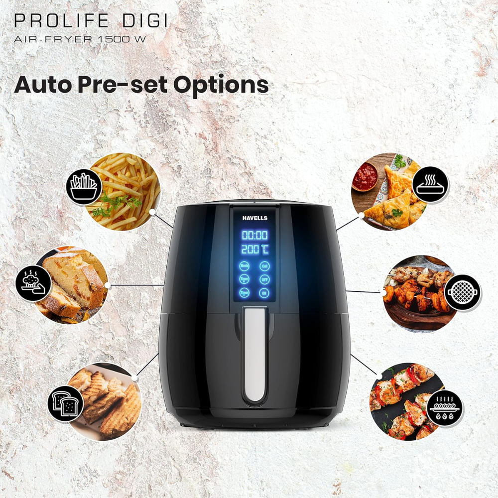 Havells Prolife Digi, 1230 Watts 4 Litres Digital Touch Panel Air Fryer, Black