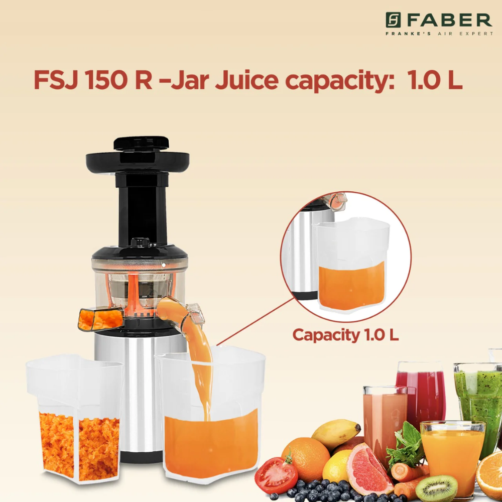 Faber SLOW FSJ150 R, 150 Watts  60 RPM, Safety Protection Juicer (Black & White)