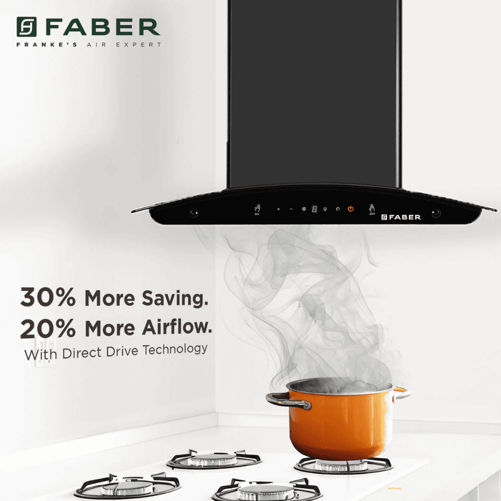 Faber MYSTIC, 60 cm 1200 m3/hr Heat Auto Clean Wall Mounted Curved Glass Kitchen Chimney (Black)