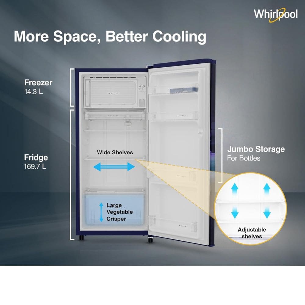 Whirlpool 190 Ltrs 1 Star, Inverter Direct Cool, Single Door Refrigerator (205 IMPC PRM 1S SAPPHIRE)