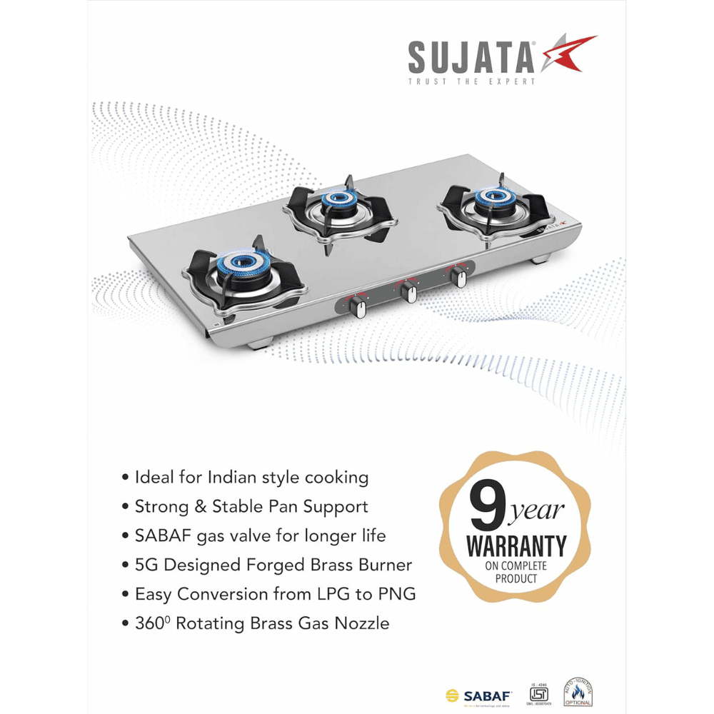 Sujata Cooktop Sterno, 4 Burner Manual Stainless Steel Glossy SS Body Gas Stove (Silver)