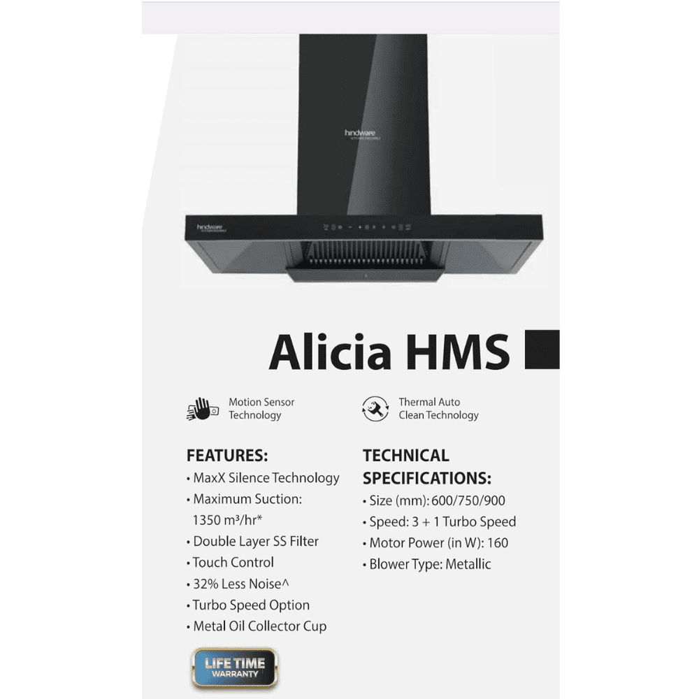 Hindware ALICIA NEO, 60 cm 1350 m3/hr Heat Auto Clean Wall Mounted Chimney, Motion Sensor with Filterless Technology (Black)