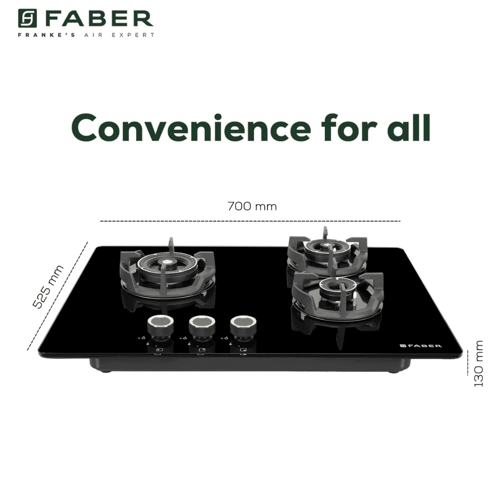 Faber Hob EXPERIA HT703 ALU AI, 3 burner 70 cm Auto Ignition Glass Matt Finish Brass Burners 1 Medium + 1 Small + 1 High (Black)