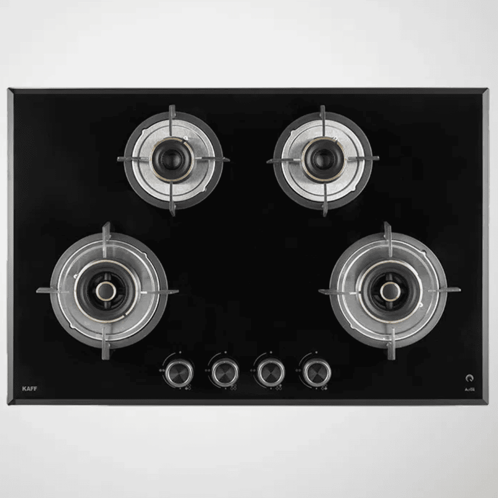 Kaff Hob, ALN784, 4 burner 78 cm Auto Electric Ignition 2 Triple & 2 Dual Ring Brass Burners 2 Medium + 2 Small (Black)