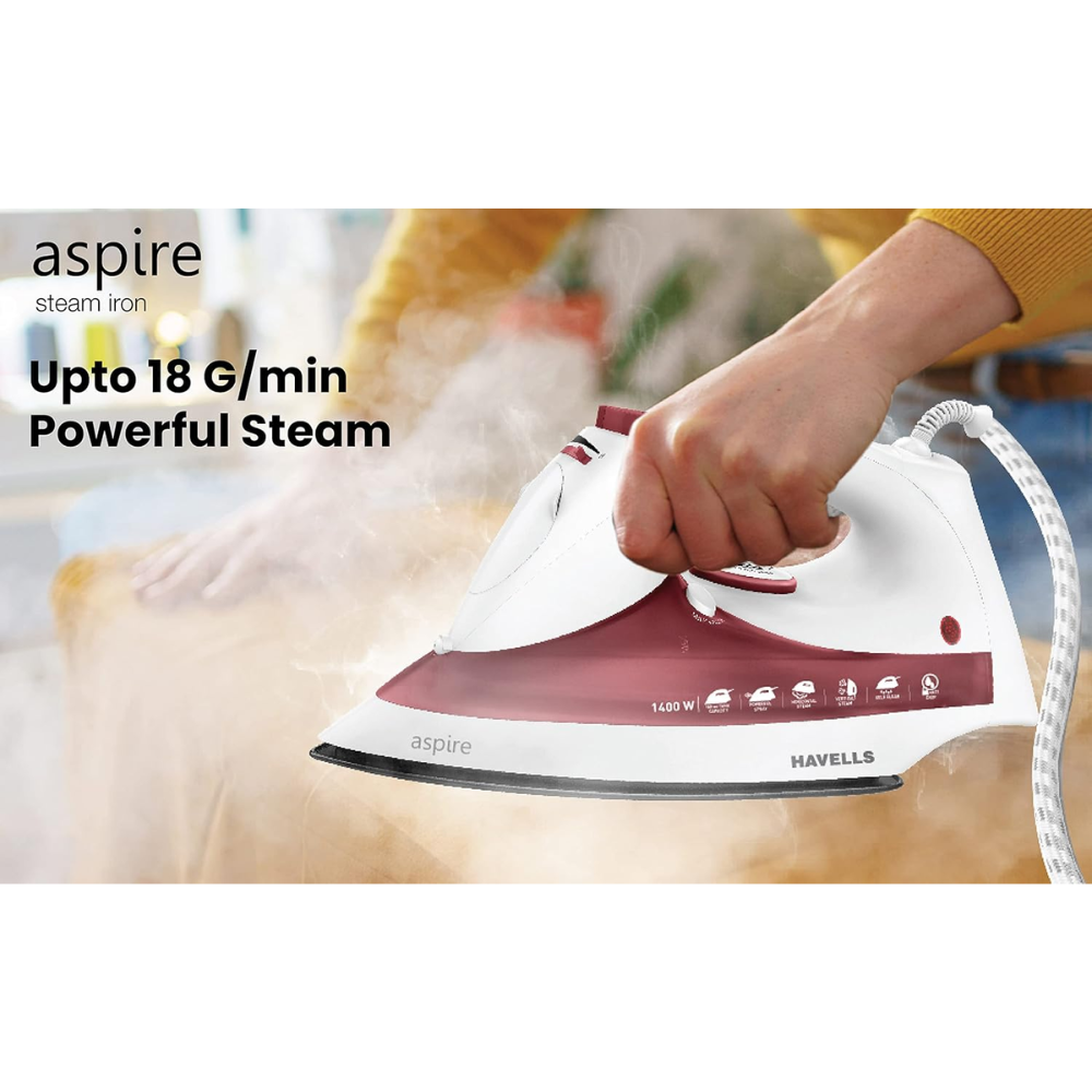 Havells ABS Aspire, 1400 Watts Steam Iron Press with Steam Burst Anti Drip Function (Red)