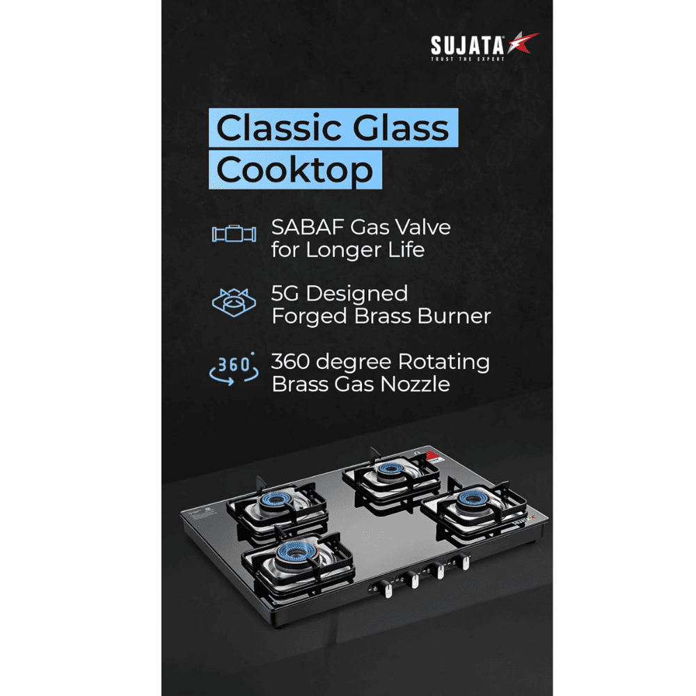 Sujata Cooktop Classic AI, 4 Burner Glass Top Auto Ignition Brass Burner Gas Stove (Black)