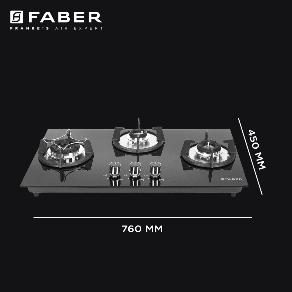Faber Hob SUPERIA HT763 BR AI, 3 Burner 60 cm Auto Toughened Glass Top Full Brass Burners 1 Medium + 1 small +1 High with Dual Flame (Black)