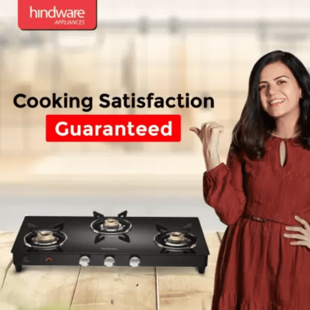 Hindware Cooktop, ARMO GL 3B AI BLK, 3 Burner 77 cm Auto Ignition Glass Top stainless steel Burners 3 Medium Gas Stove (Black)