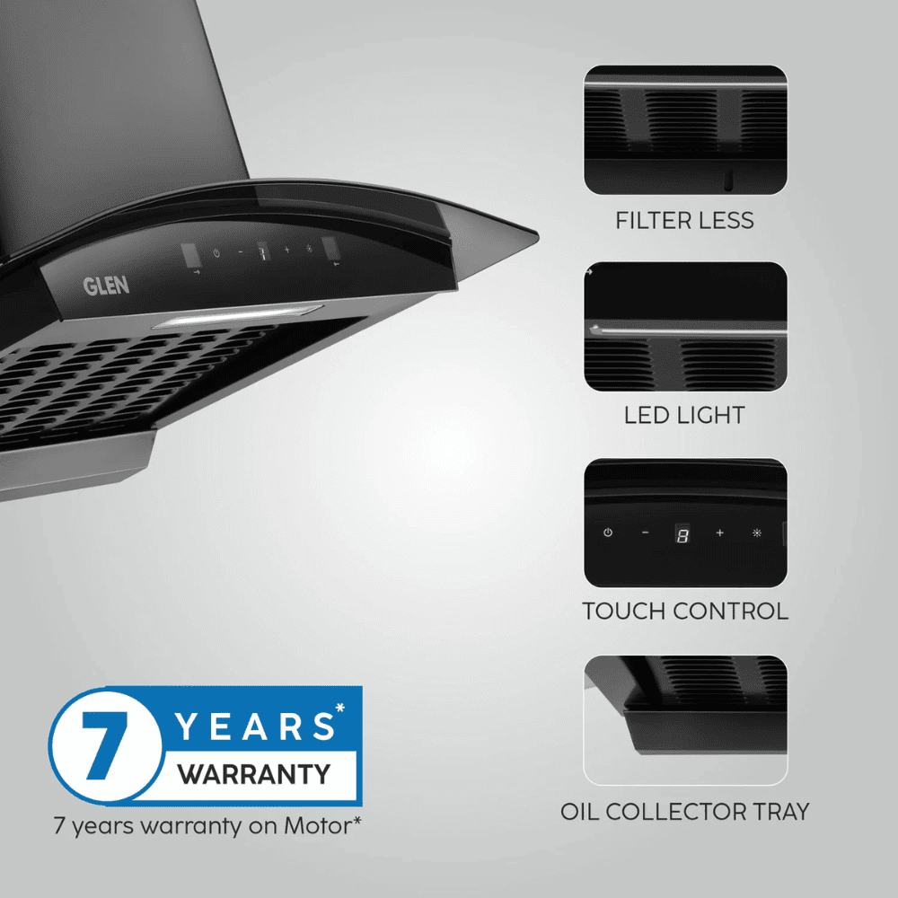 Glen 6058 BL, 60 cm 1200 m3/hr Auto Clean Curved Glass Wall Mounted Chimney, Filterless Technology (Black)